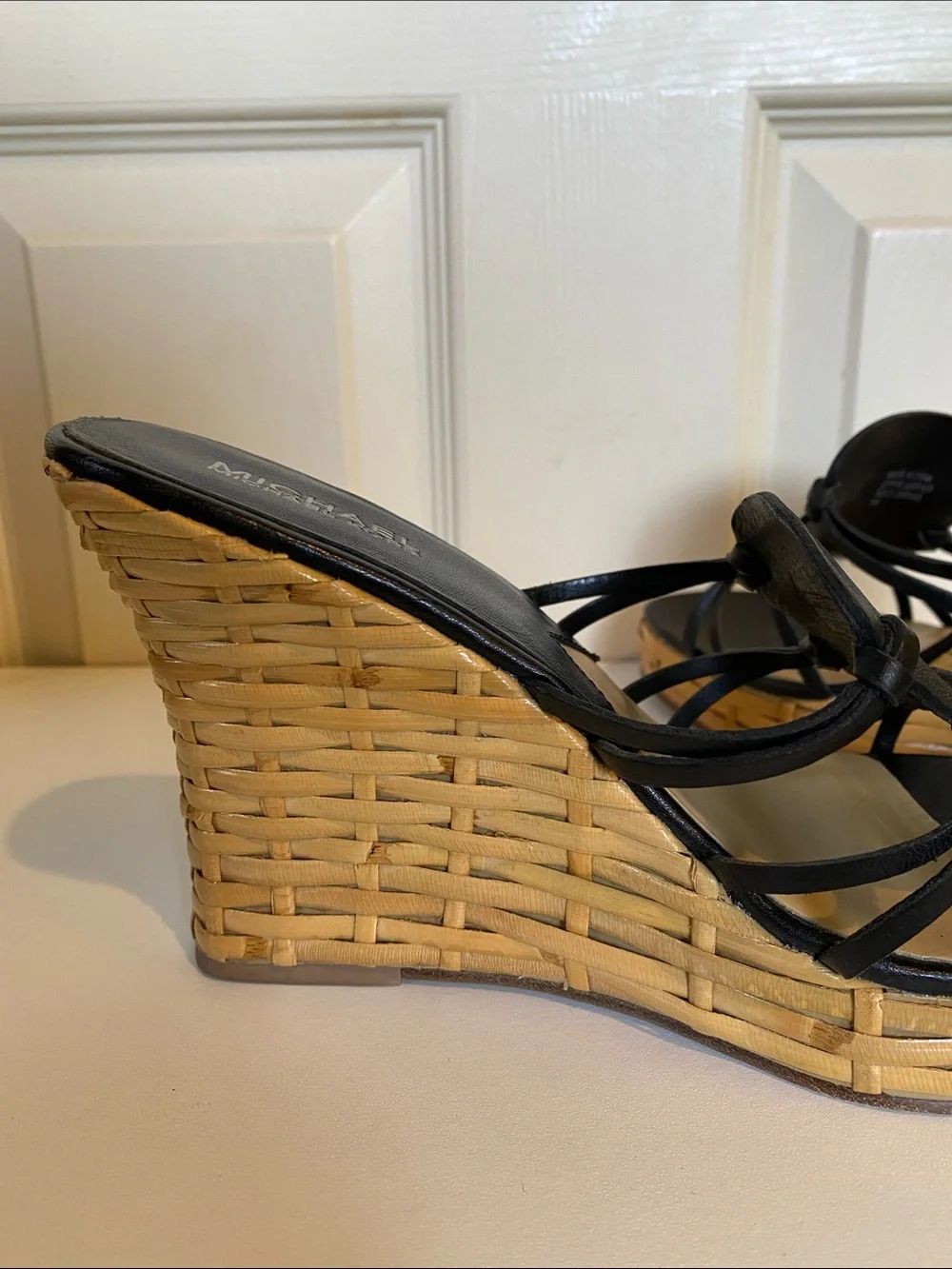 Michael Kors Black Leather Strappy Wedge Sandals with Tan Woven Platform